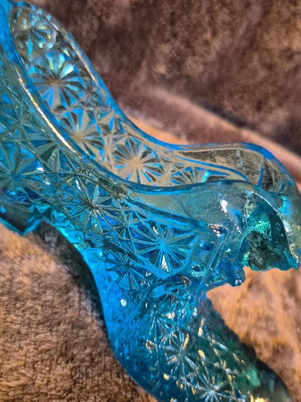 Fenton Blue Daisy And Button Cat Head Glass Shoe Slipper